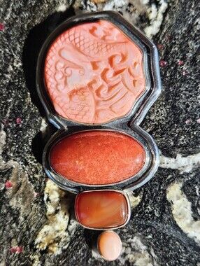 Amy Kahn Russell Sterling Silver Carved Coral Dragon & Carnelian Pendant/Brooch